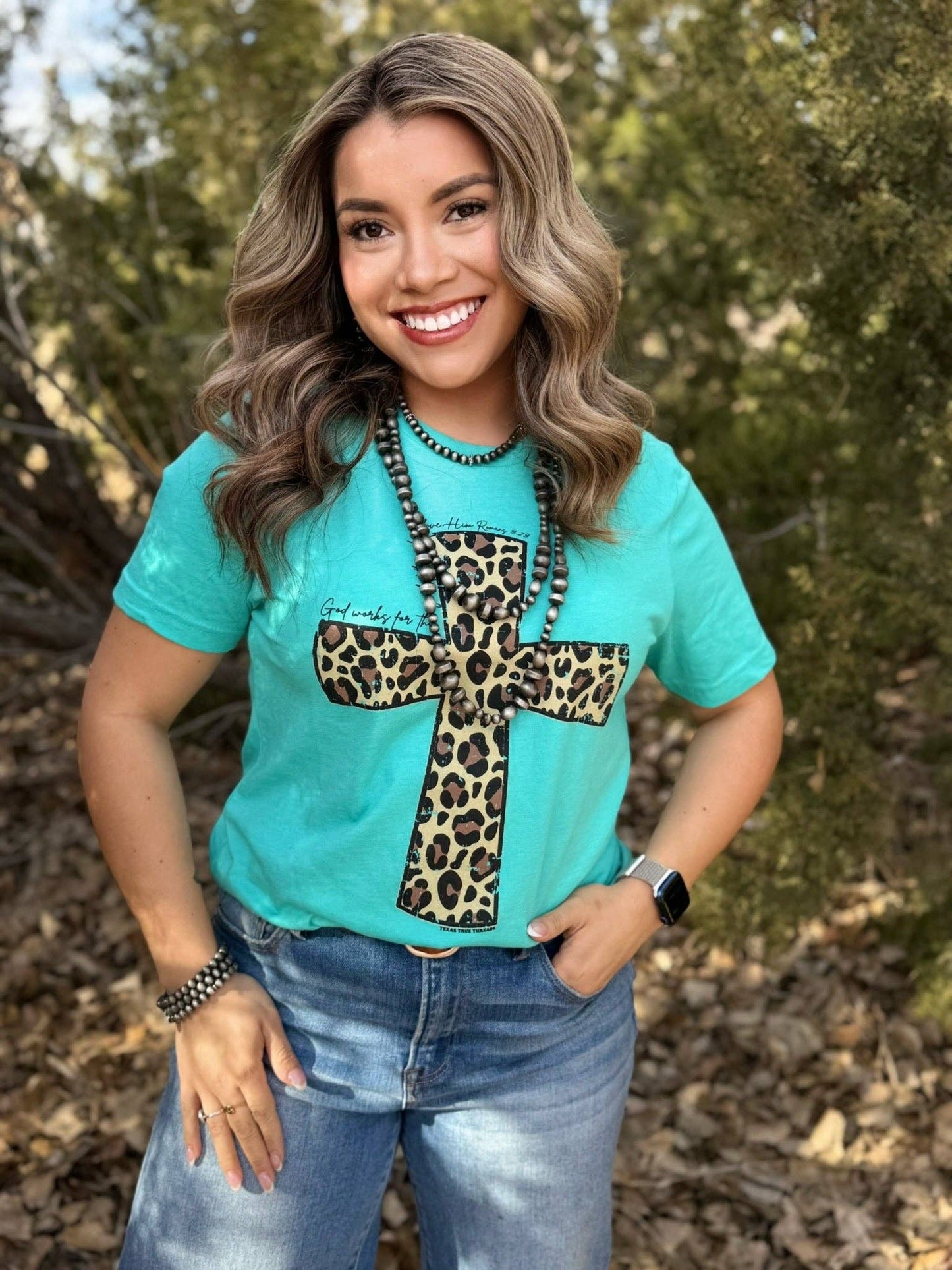 Leopard Cross Tee: Sea Green Texas True