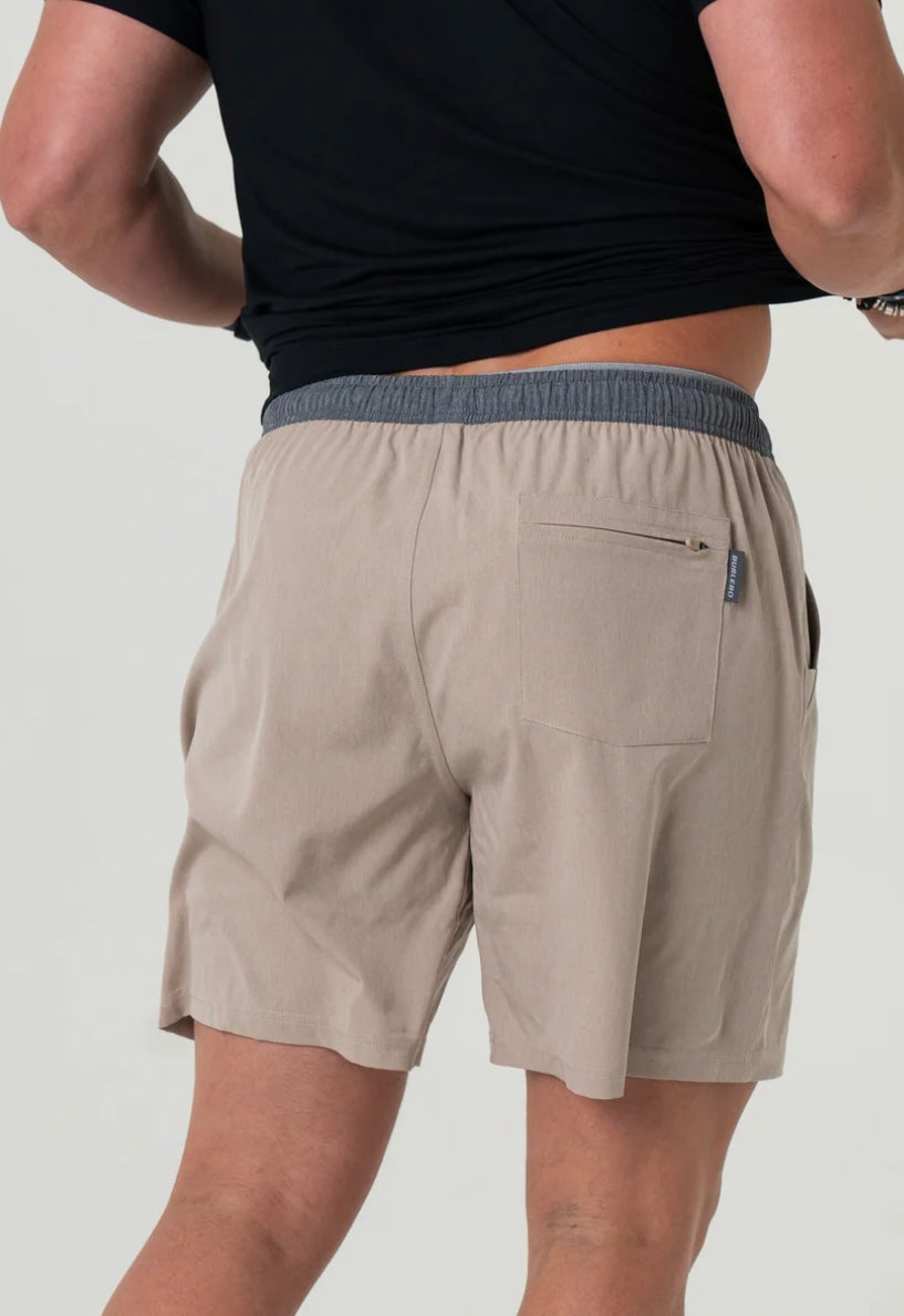 Heather Khaki Athletic Shorts With Venado Camo Liner Burlebo 7”