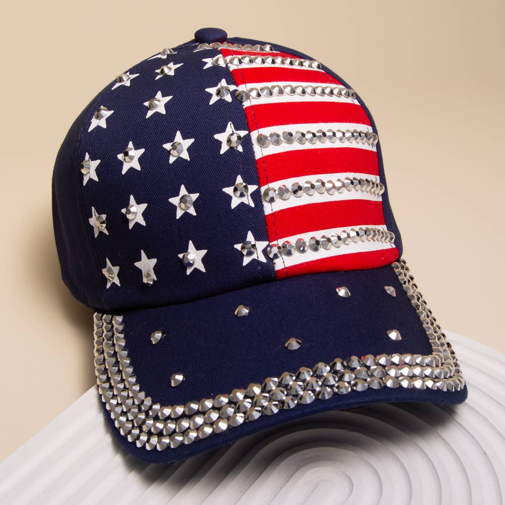 American Flag Hotfix Rhinestone Embellished Baseball Cap: Blue