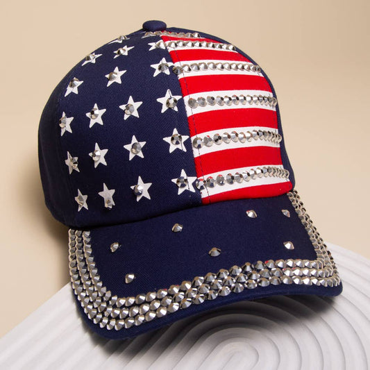 American Flag Hotfix Rhinestone Embellished Baseball Cap: Blue