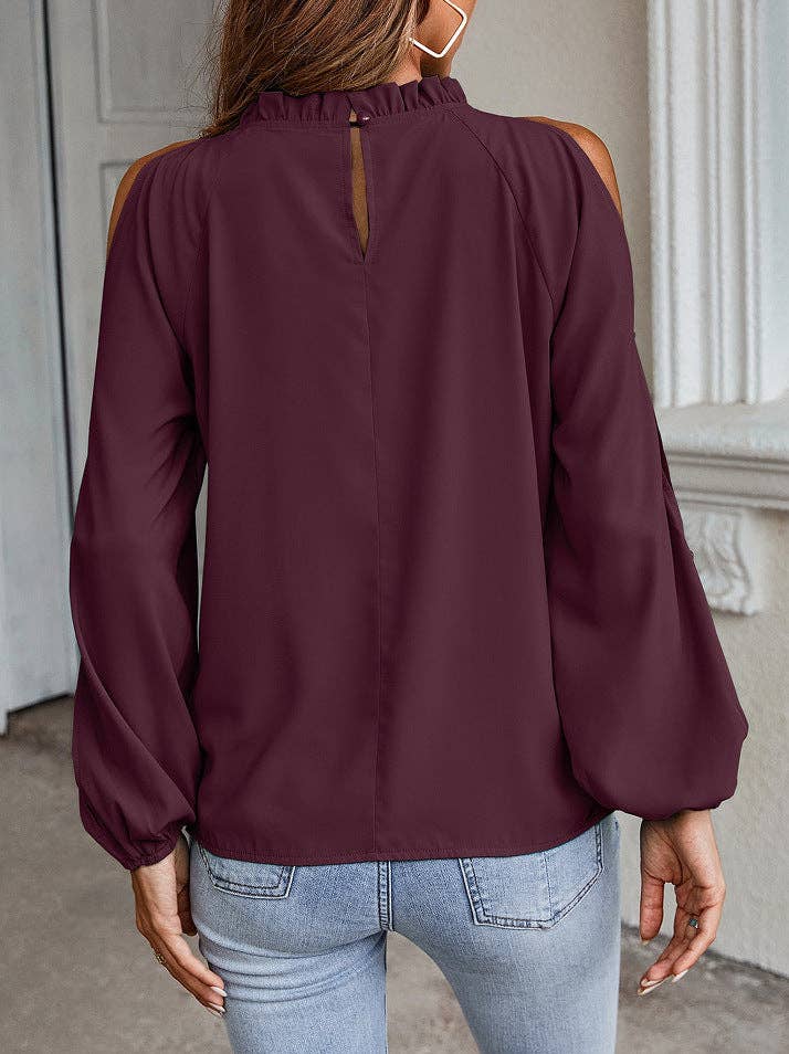 Ruffle Mock Neck Cold Shoulder Chiffon Blouse: Black / 95%Polyester5%Spande / L