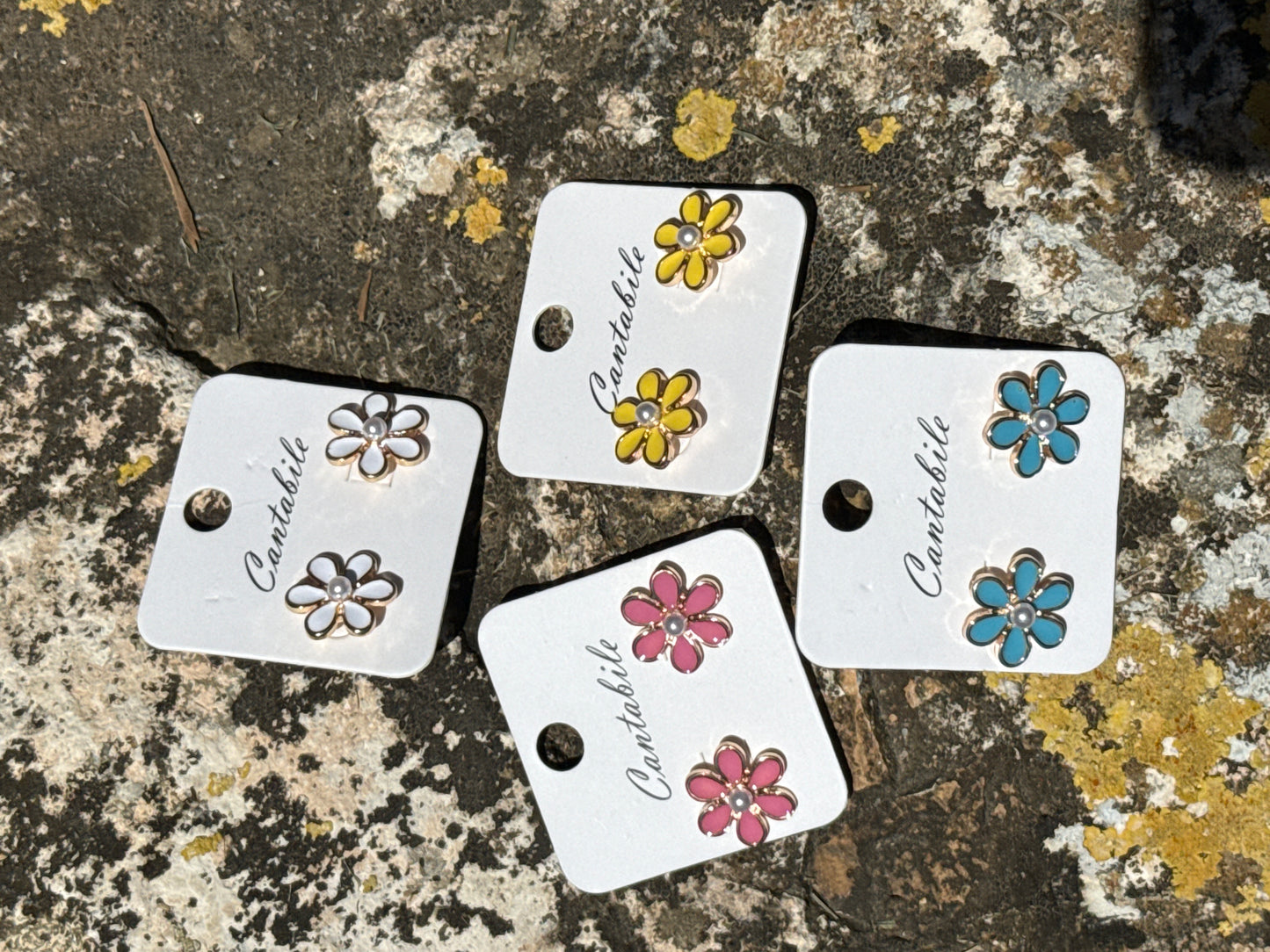 Bright Enamel Flower Earrings with Small Pearl Center Cantabile