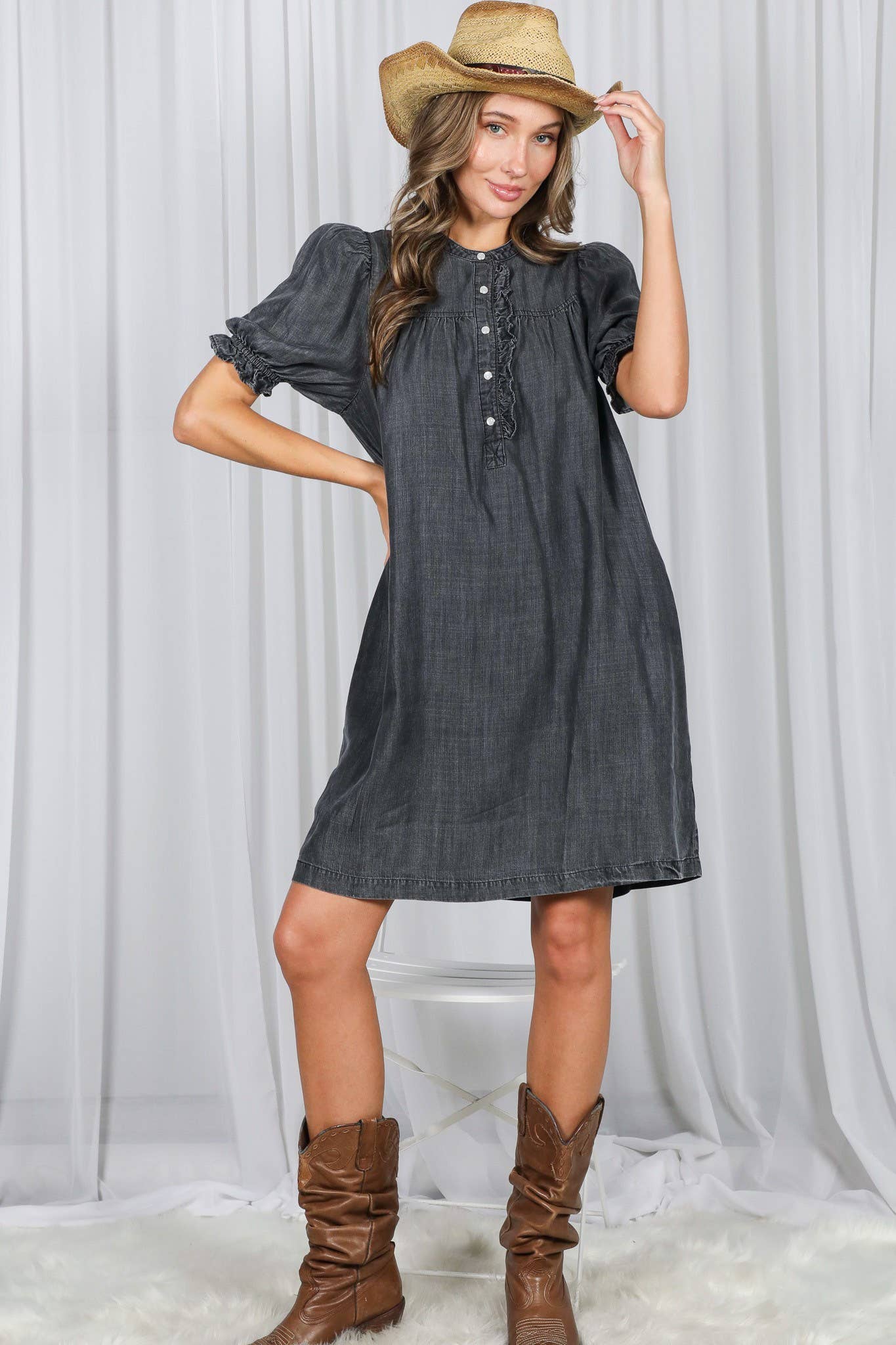 Ruffle Detail Chambray Tencel Mini Dress LV Denim Blue