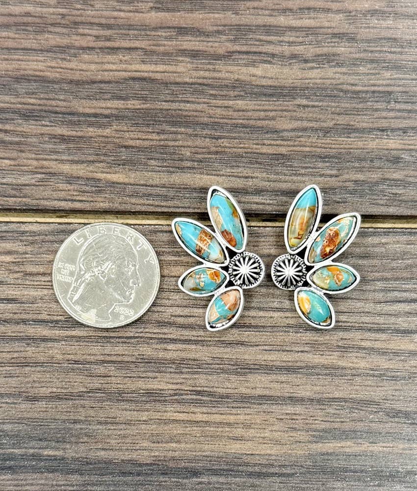 Western Half Flower 1.2” Gemstone Concho Center Stud Earrings 726651 Isac