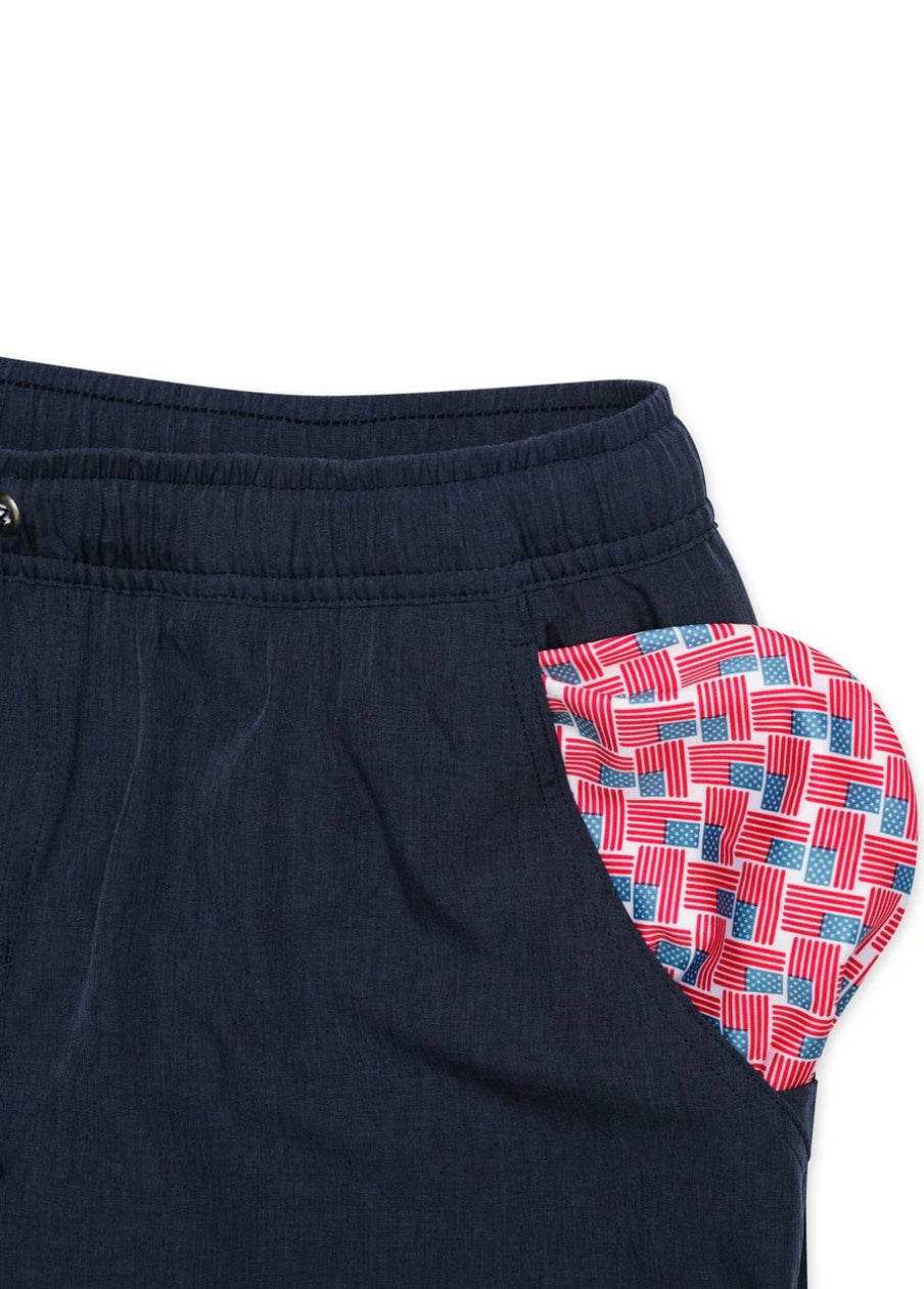 Burlebo Athletic Shorts Heather Navy with American Flag liner
