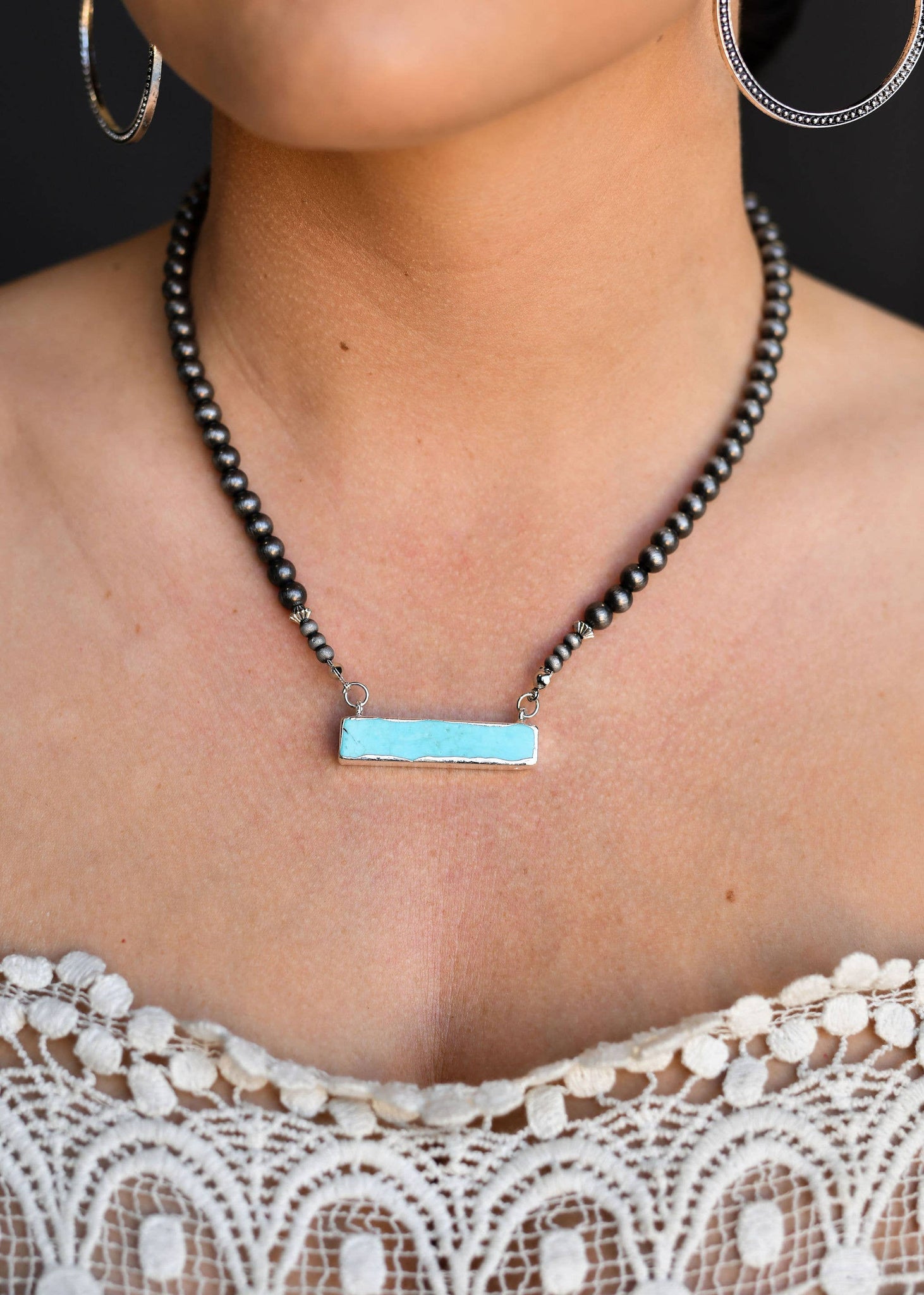 16" Faux Navajo Pearl Necklace With Turquoise Bar west & Co