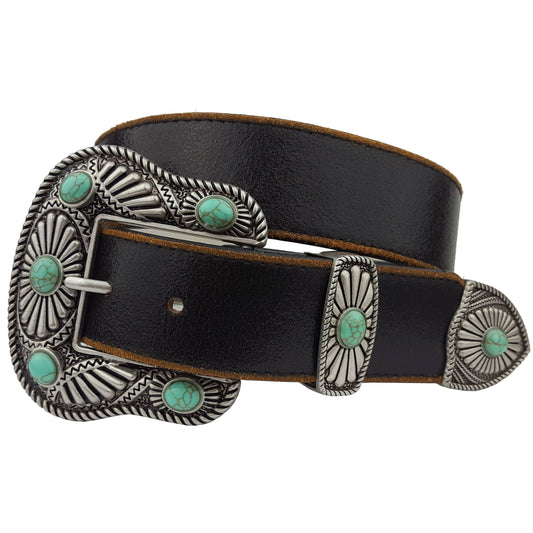 Vintage Leather belt with Western Buckle Set: Black w. Blue Stone Axesoria West