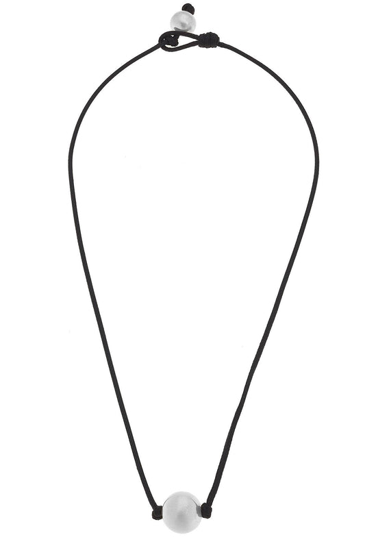 Lanie Ball Bead Black Cord Necklace in Satin Metal: Satin Silver