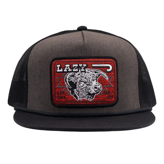 LAZY J RANCH CHARCOAL GREY & BLACK RED COWPOKE CLASSIC FIVE PANEL TRUCKER HAT