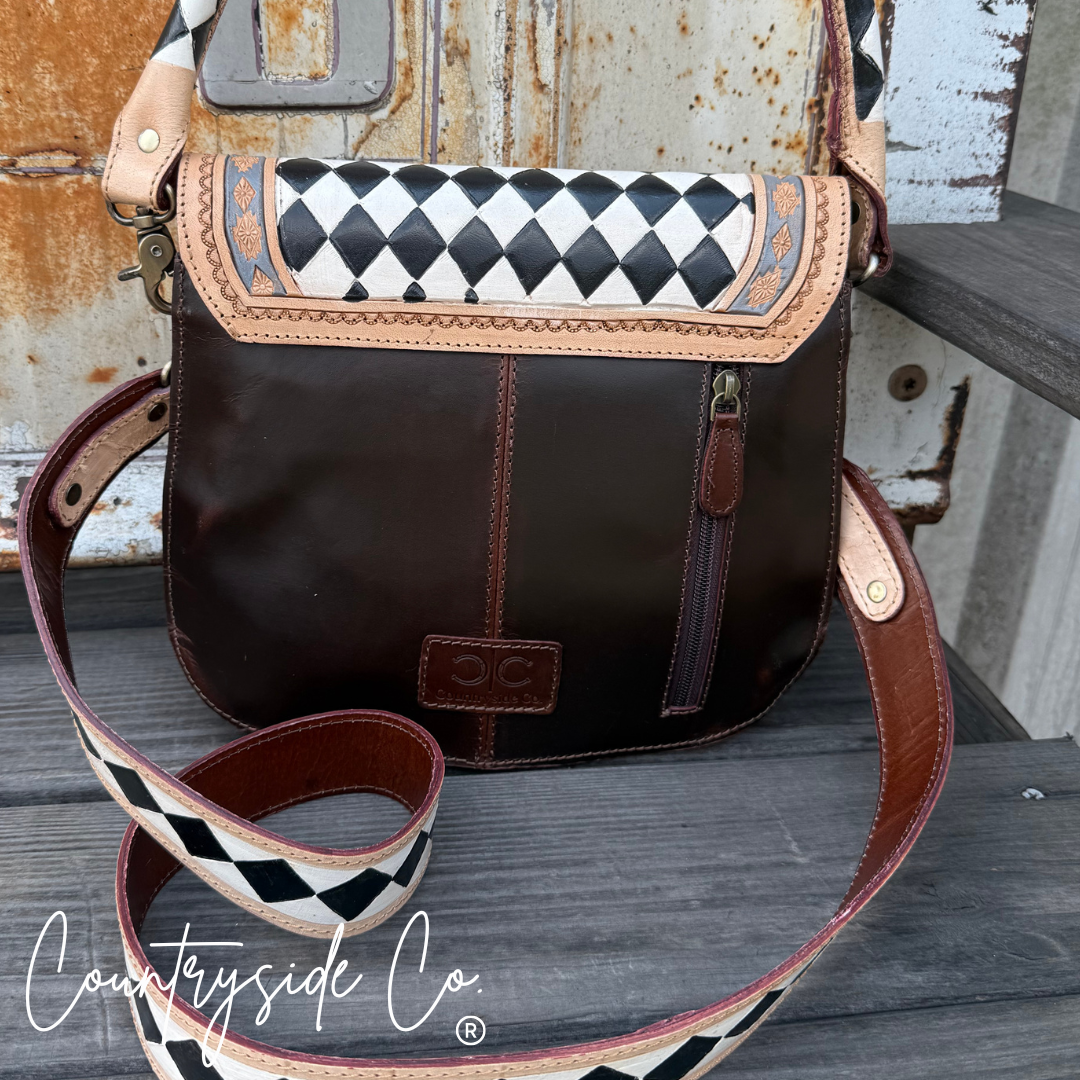 Zadie Tooled Leather Checkered Handbag, Hand Painted Texas Western