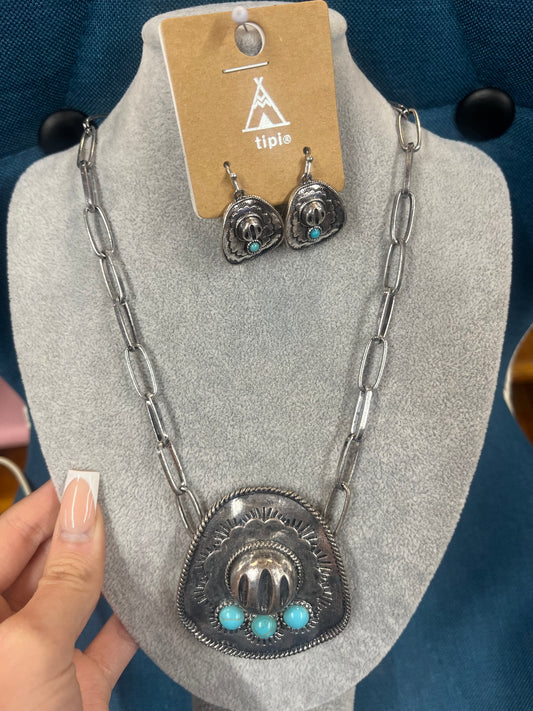 Cowboy Hat Necklace And Earrings Set
