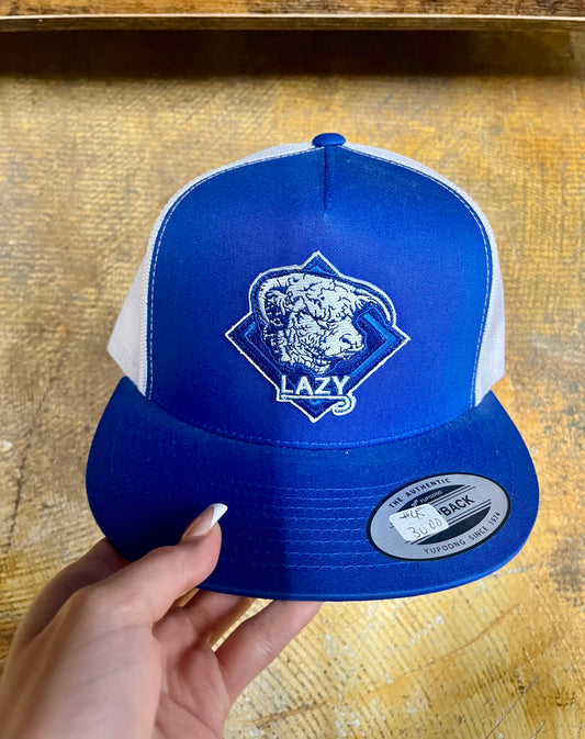 LAZY J RANCH WHITE AND BLUE DIAMOND HEREFORD CLASSIC FIVE PANEL TRUCKER HAT