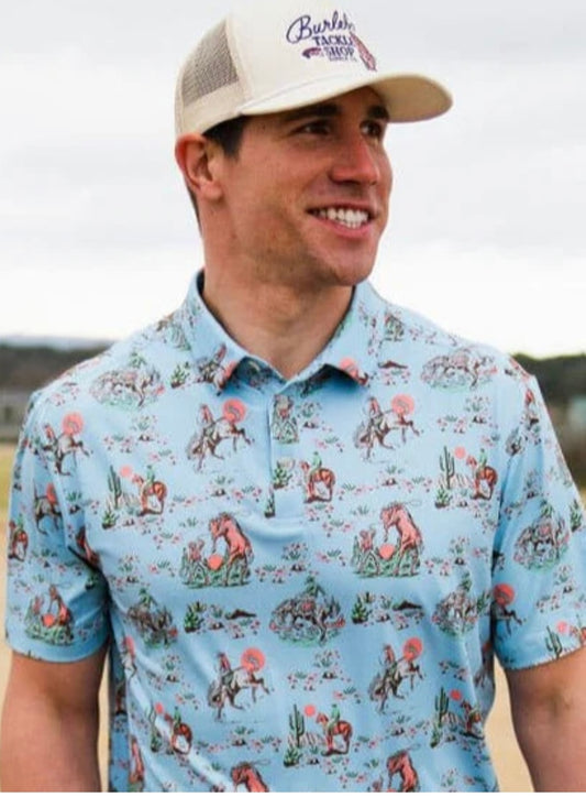 Cowboy Up Blue Performance Polo Burlebo