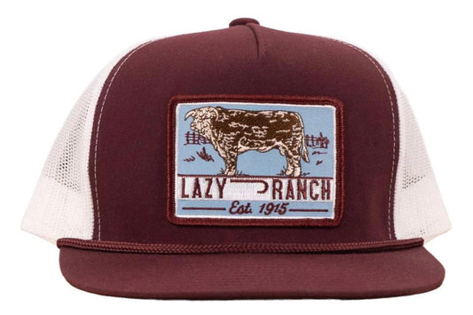 LAZY J RANCH MAROON & WHITE BLUE BULL TRAP PATCH CLASSIC FIVE PANEL TRUCKER HAT