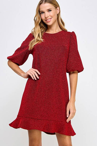 Holiday Lurex Puff Sleeve Dress: RED Vanilla Monkey