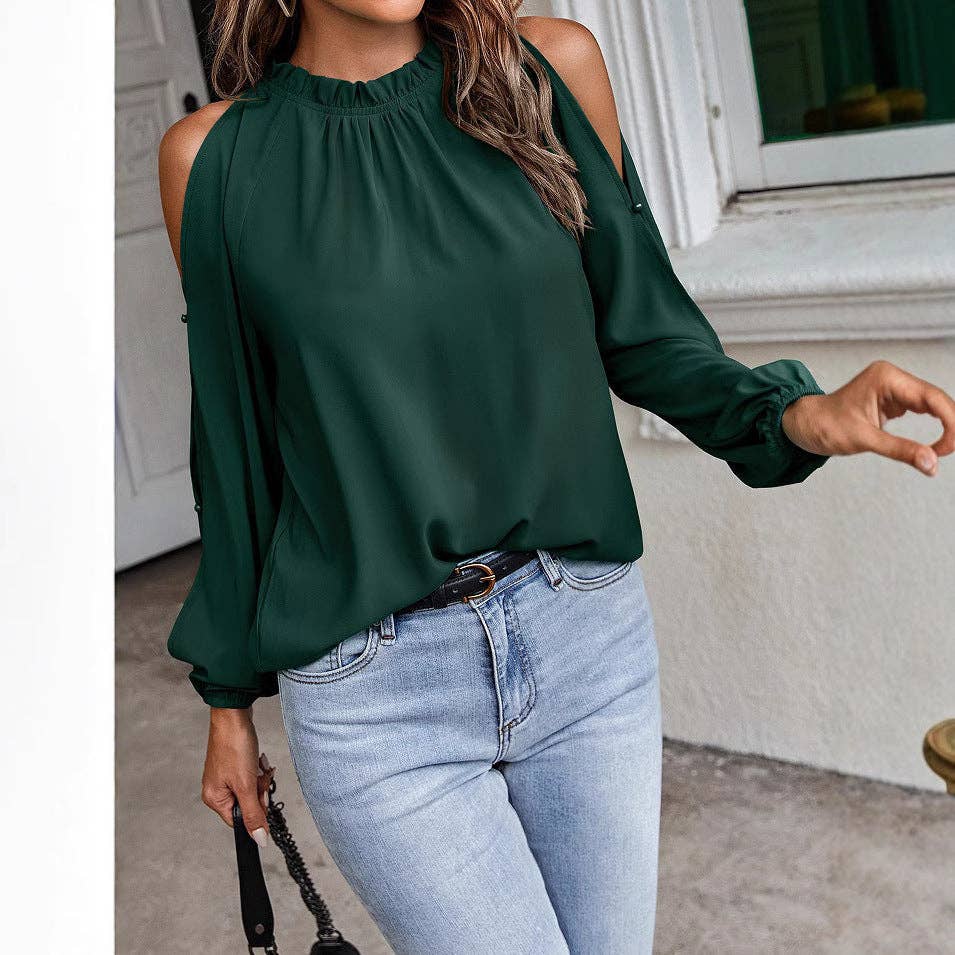 Ruffle Mock Neck Cold Shoulder Chiffon Blouse: Burgundy / 95%Polyester5%Spande / XL
