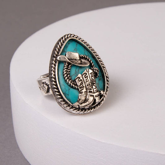 Western Hat & Boot Turquoise Teardrop Stretch Ring: Blue