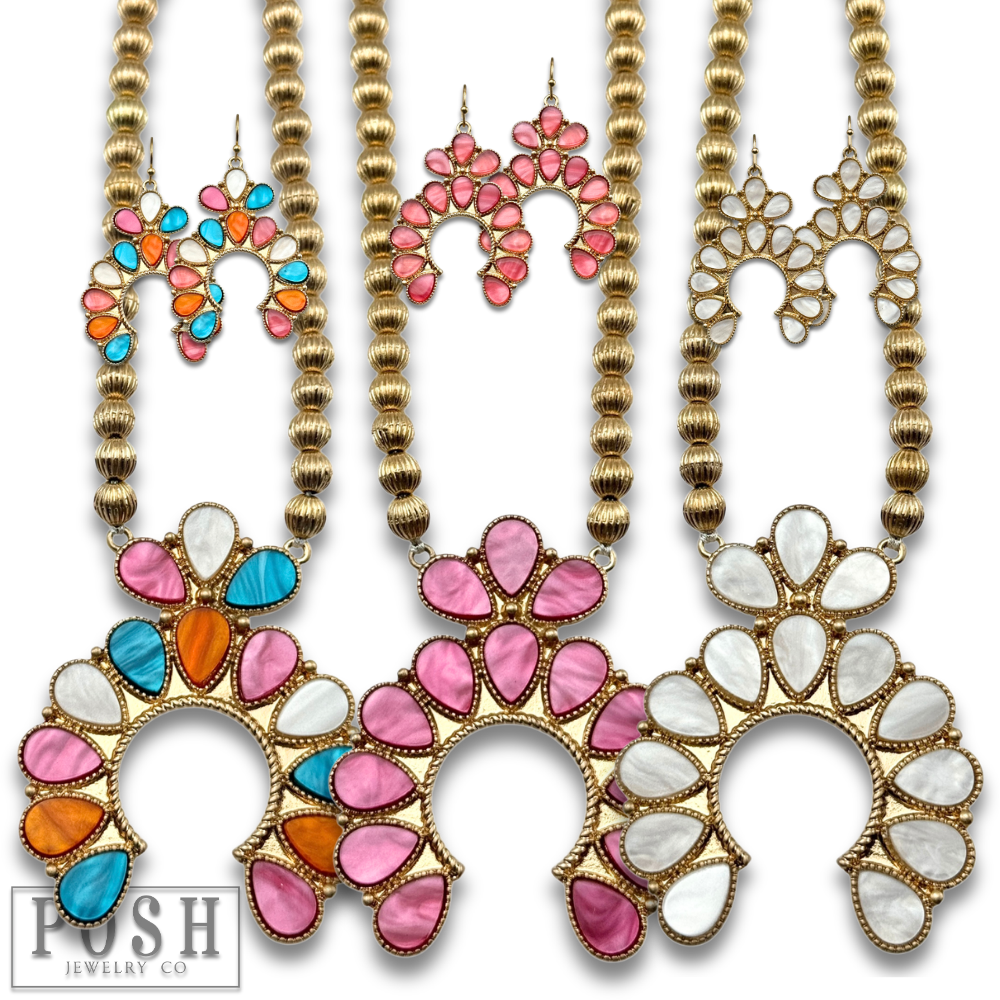 Mother of pearl look squash blossom necklace set: White
