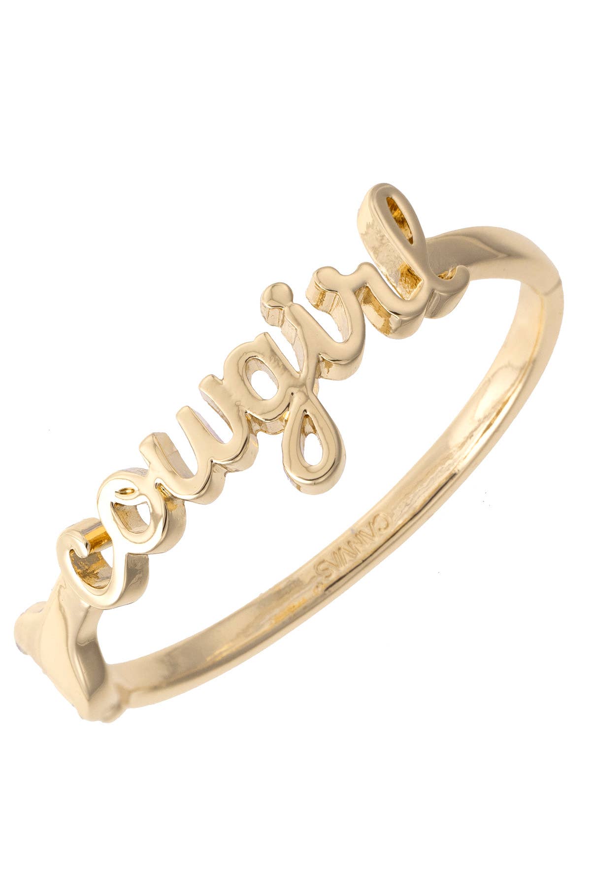 Cowgirl Cursive Hinge Bangle in Shiny Gold Canvas