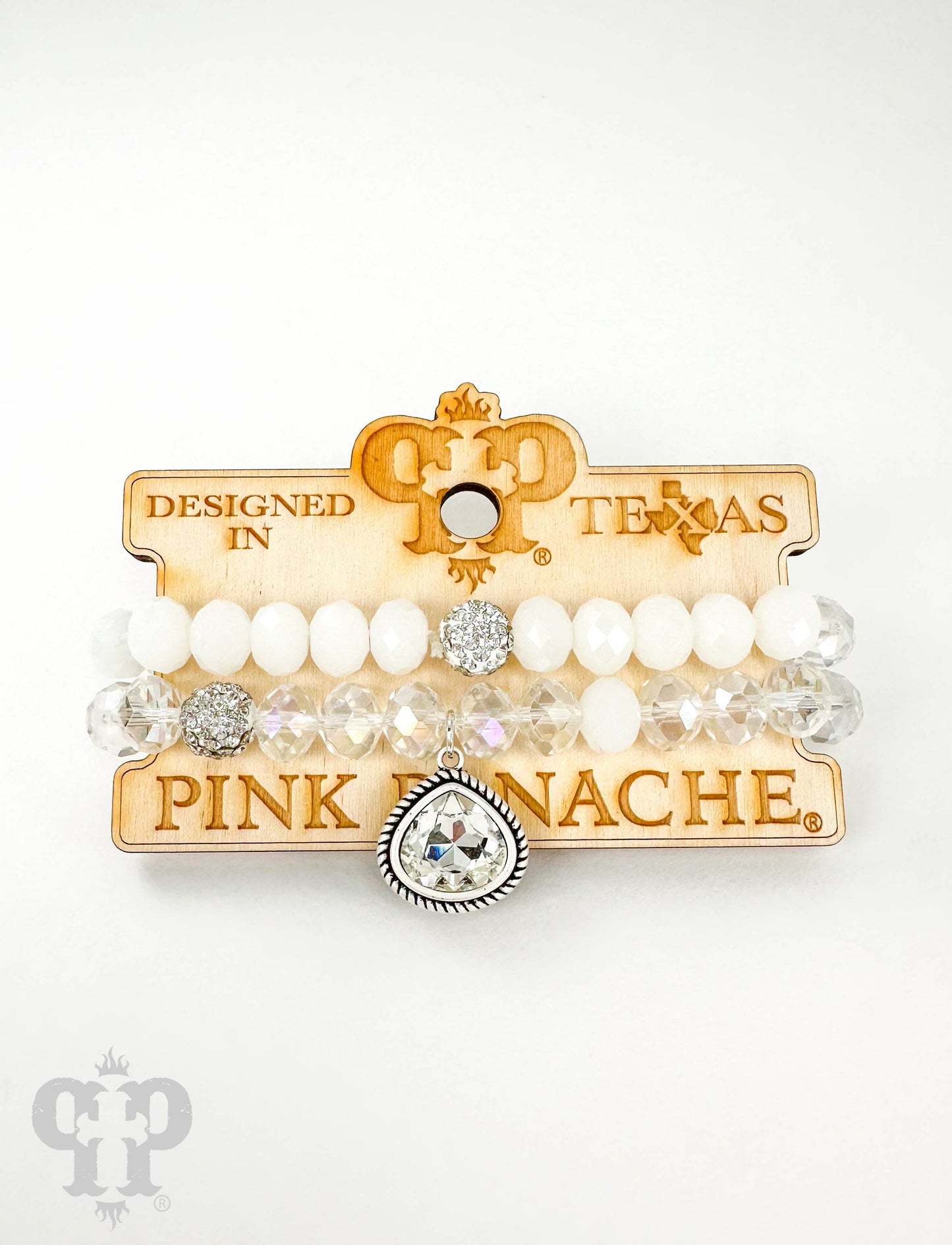 Bead bracelet with rope edge crystal charm: Clear/Silver PP