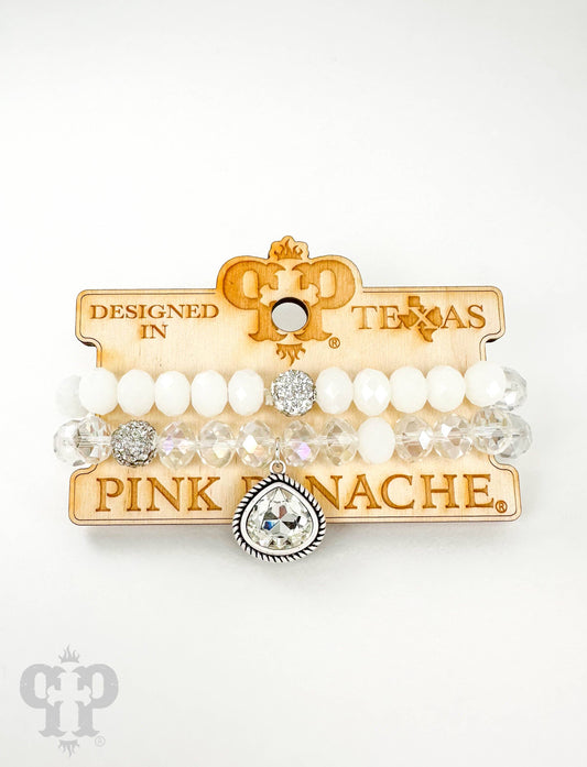 Bead bracelet with rope edge crystal charm: Clear/Silver PP