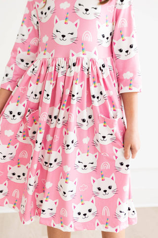 Unicorn Kitties 3/4 Sleeve Pocket Twirl Dress: Mila & Rose