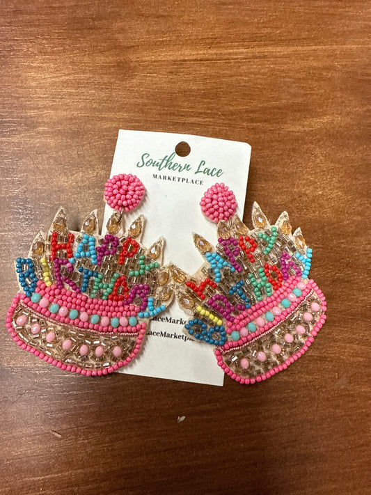 Happy Birthday  Cake Beaded Earrings