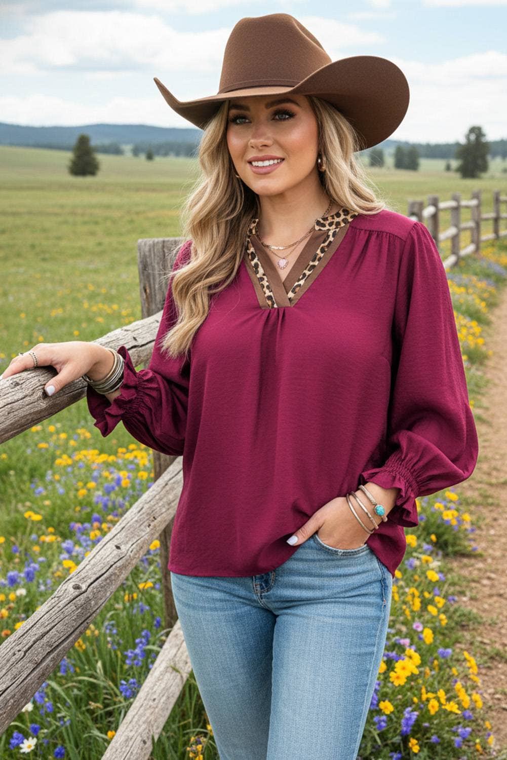 Leopard Trim Notch Neck Flounced Bracelet Sleeve Blouse: Violet Fashionw