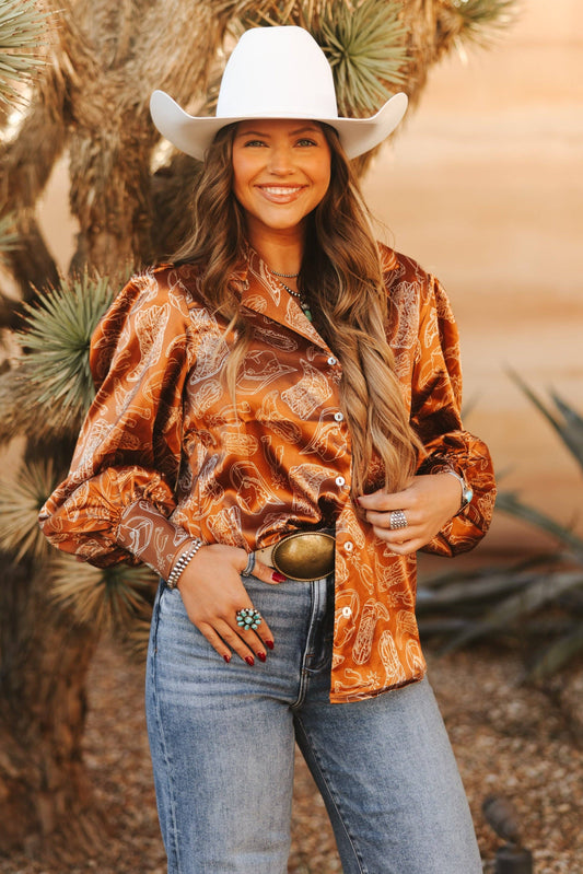 WESTERN THINGS Brown Satin Long Sleeve Blouse TH
