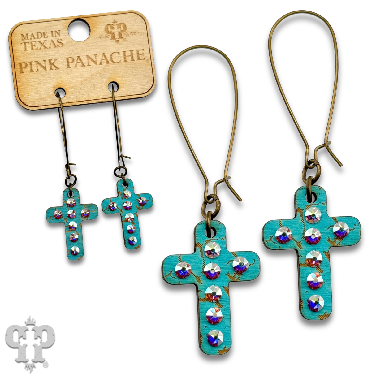 Mini wood cross earring with Austrian crystals: Pink