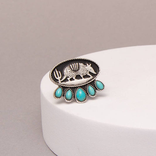 Western Oval Armadillo Cactus Adjustable Cuff Ring