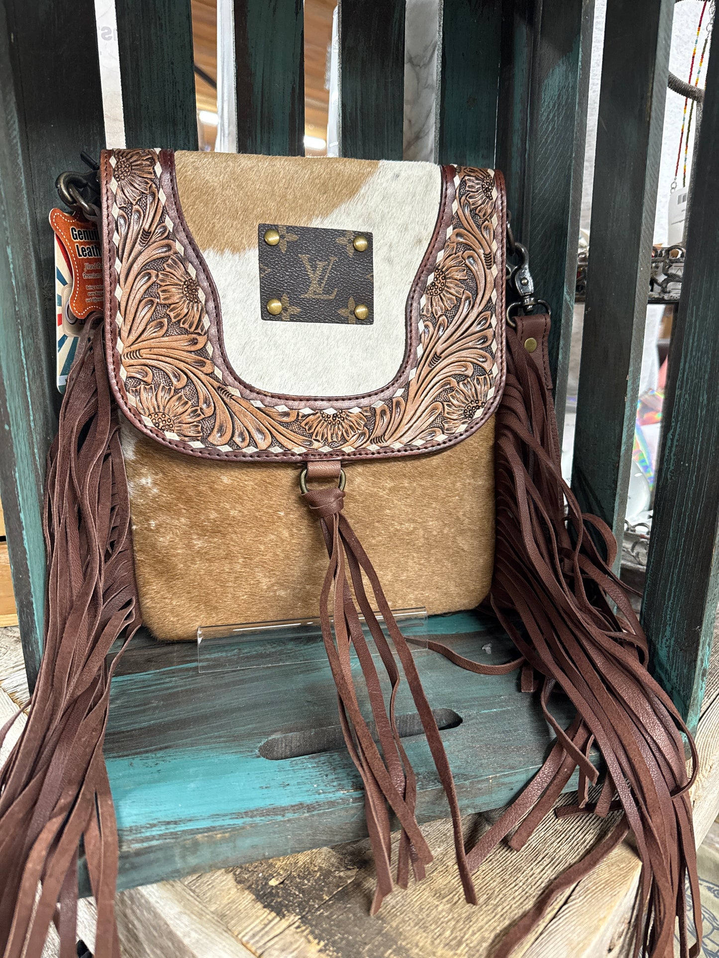 Upcycled LV Cowhide Leather Fringe Crossbody Bag Western Southern Junkie
