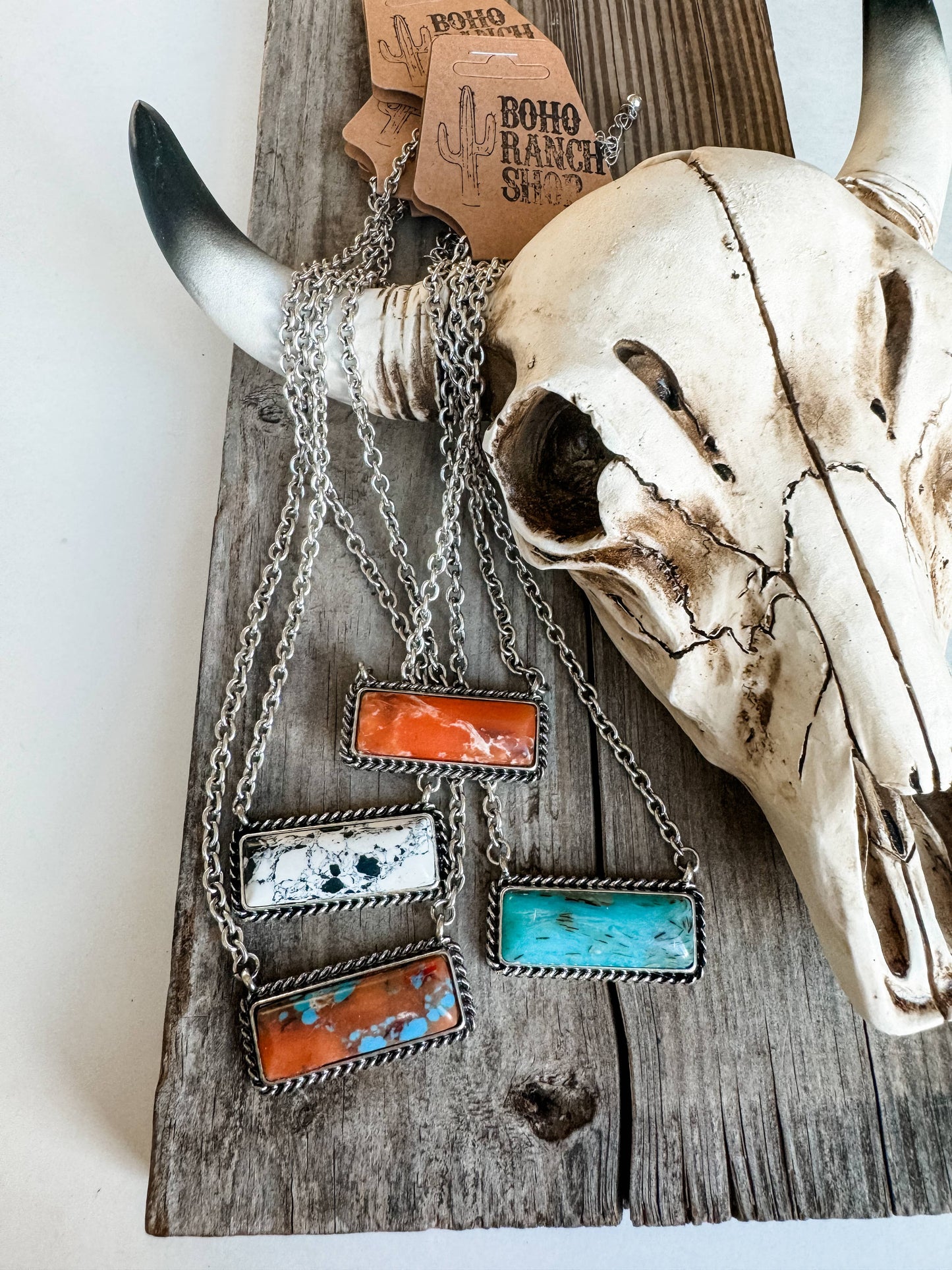 Western Semi Stone Bar Necklace: ORANGE\ TURQUOISE, Turquoise Brown, or Turquoise