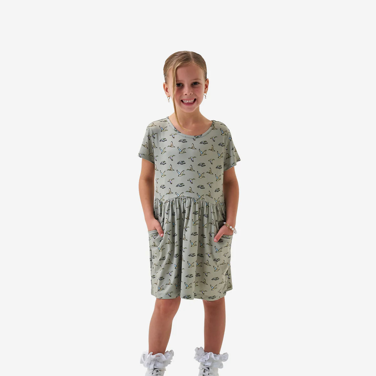 Youth Moxie Dress - Flying Ducks - Green Fl