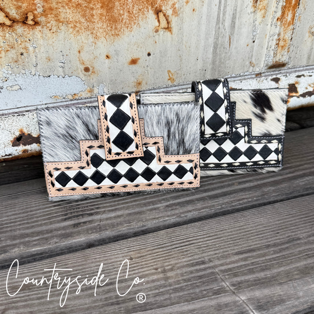 Miranda Checkered Cowhide Wallet: Brown Or Black Texas Western Cowhide