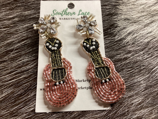 Pink beaded guitar earrings