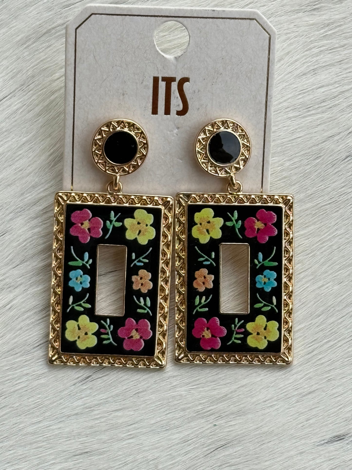 Black And Gold Floral Earrings Round or Rectangle ITS