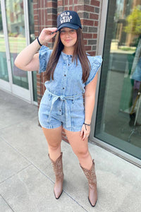 Emmy Blue Denim Romper: Nash Grey