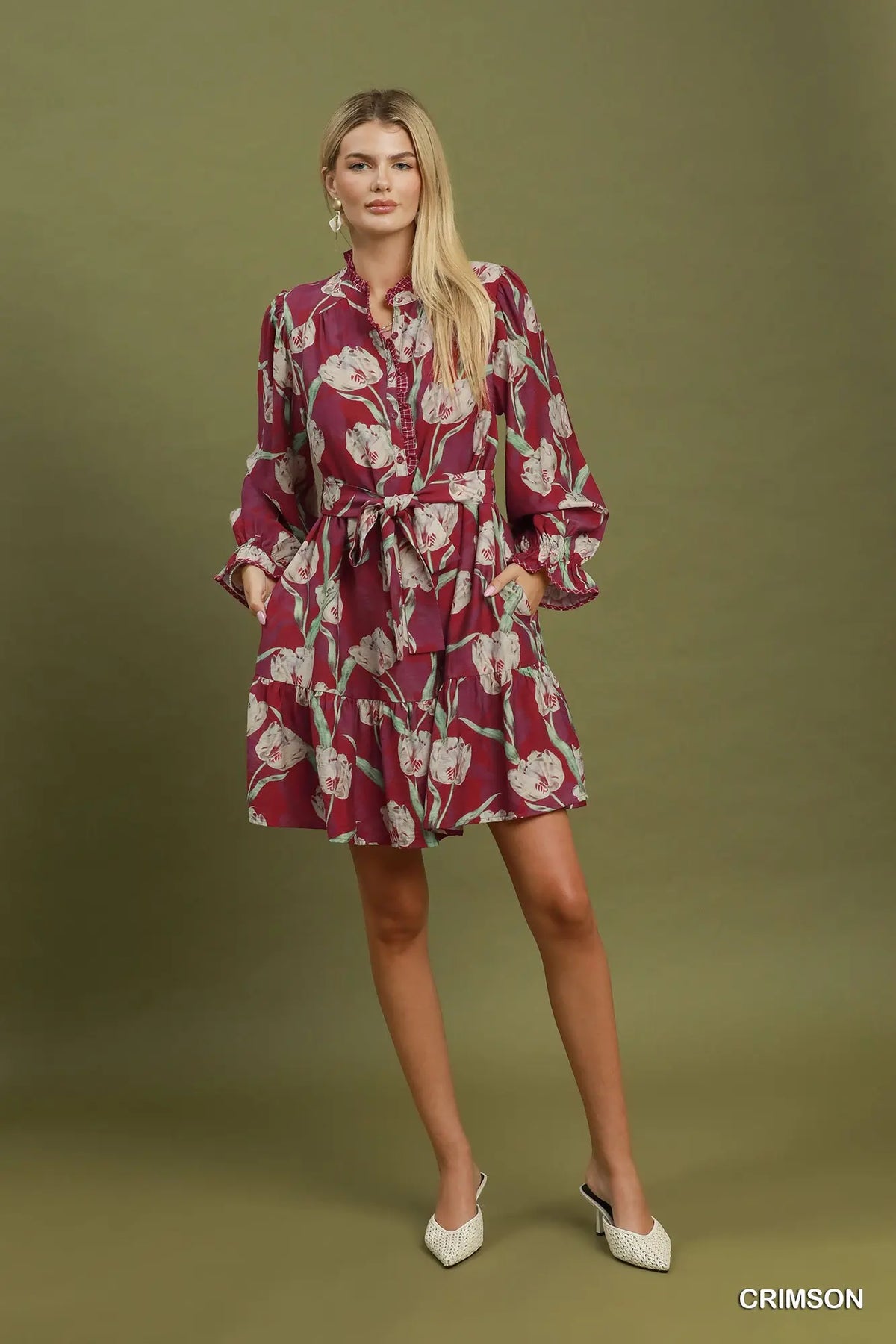 The Kaitley Crimson Tulip Floral Belted Mini Dress Umgee