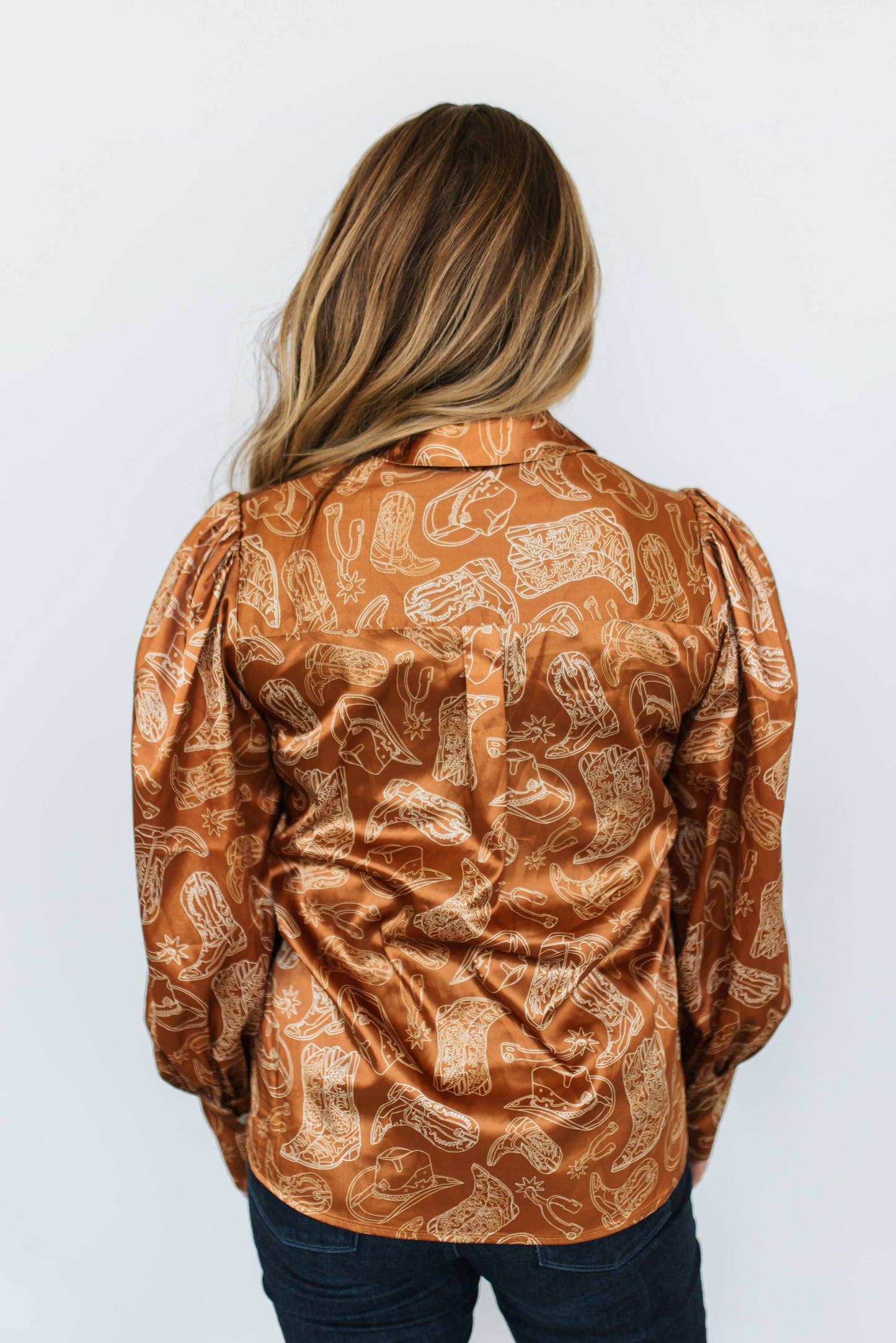 WESTERN THINGS Brown Satin Long Sleeve Blouse TH