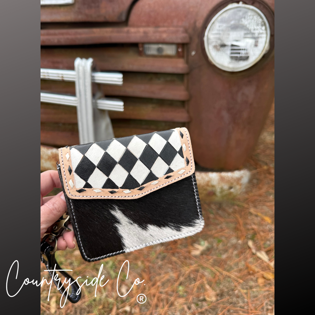 Cassy Checkered Leather Wallet Wristlet Texas Western Cowhide