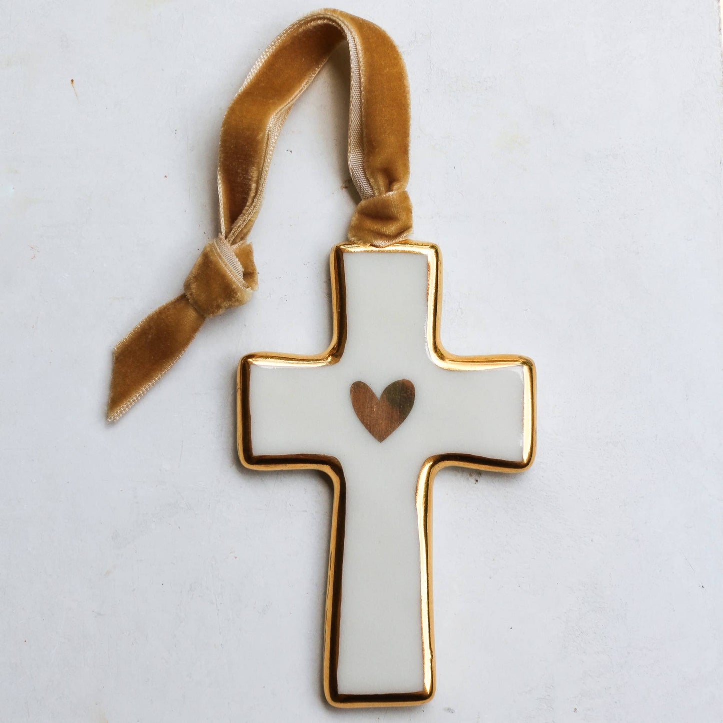 Cross Ornament with Gold Heart | Handmade: Green