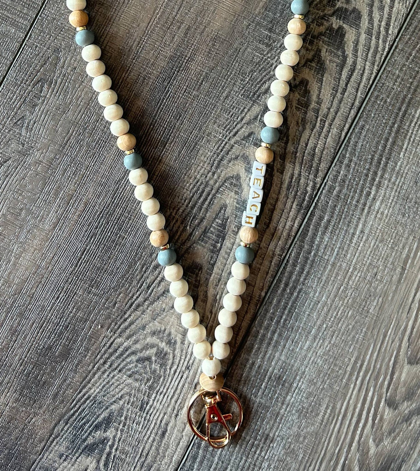 Teach Grey and Wood Beaded Lanyard with Breakaway Clasp JInk