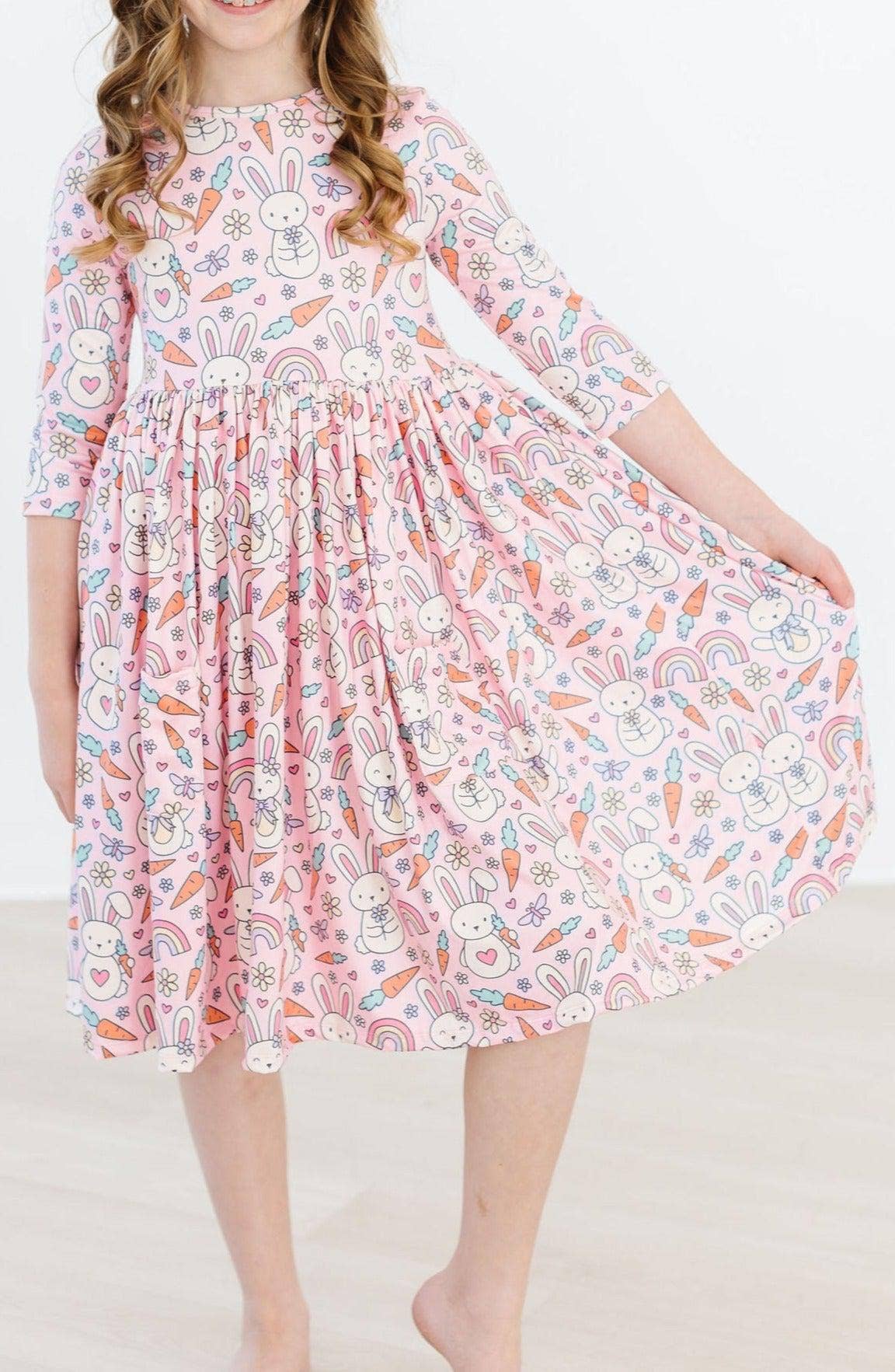 Springtime Bunnies 3/4 Sleeve Pocket Twirl Dress: Mila Tx/Fl