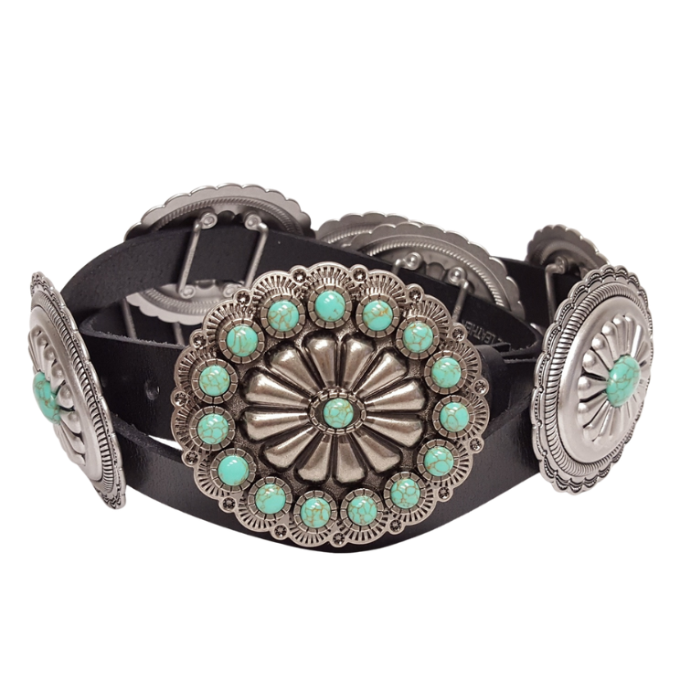 Genuine Leather belt w. full-packed oval stone conchos: Brown / Axesoria