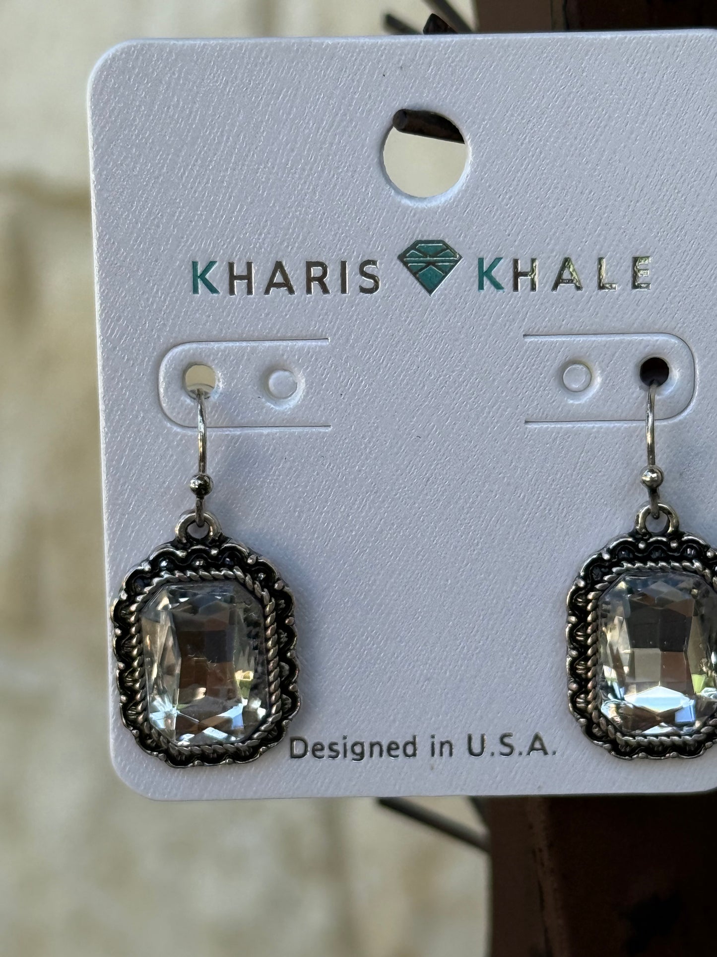 Crystal and Silver Tone Rectangle Kharis Khale Earrings