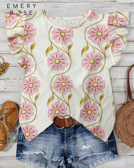 Women's Casual Pink Flower Print Bamboo Knit Round Neck Cap Sleeve Cap Sleeve Blouse