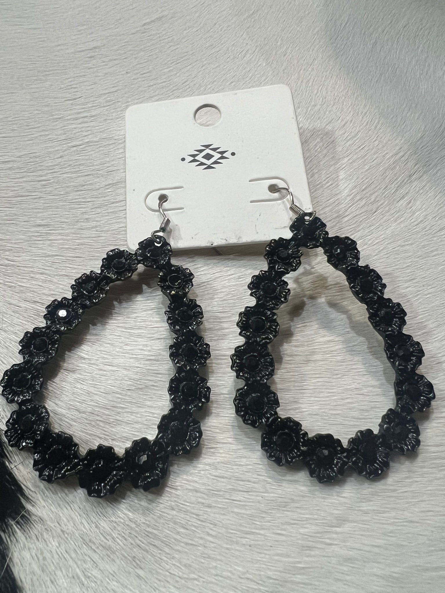 Black Floral and Stone Teardrop Earrings