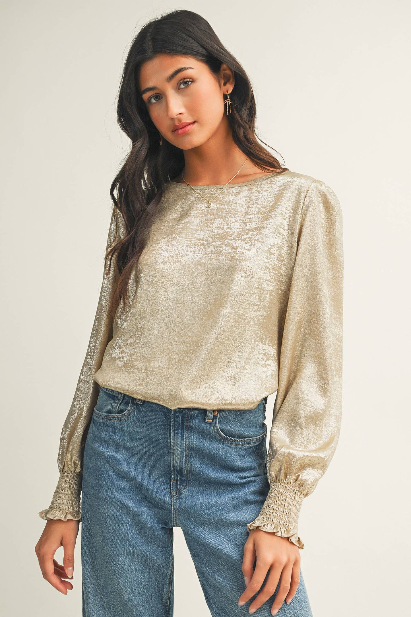 Metallic Round Neck Smocked Long Sleeve Blouse｜LDC