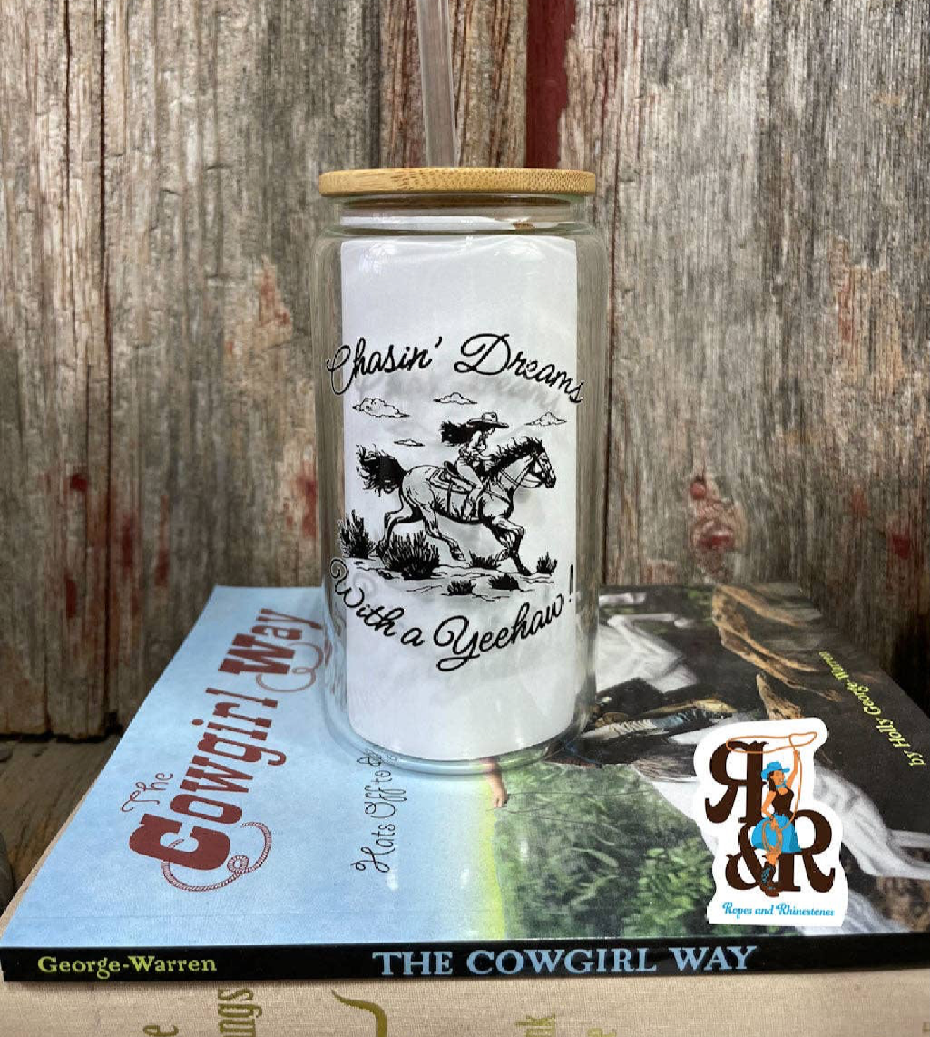 Cowboy / Cowgirl/ Chasin Dreams Glass Cup 16 oz Ropes